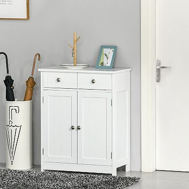 kleankin Freestanding Bathroom Storage Cabinet Organizer Floor Tower with 2 Door, 2 Drawers, Adjustable Shelf, White