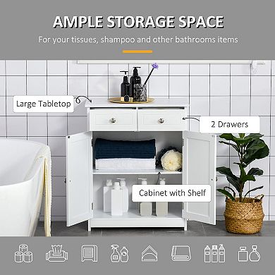 kleankin Freestanding Bathroom Storage Cabinet Organizer Floor Tower with 2 Door, 2 Drawers, Adjustable Shelf, White