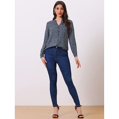 Women's Button Down V Neck Long Sleeve Floral Blouse