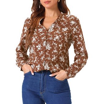 Women's Button Down V Neck Long Sleeve Floral Blouse