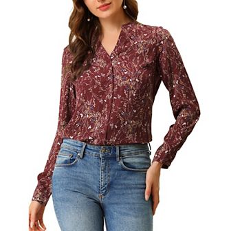 Women's Button Down V Neck Long Sleeve Floral Blouse