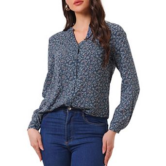 Women's Button Down V Neck Long Sleeve Floral Blouse