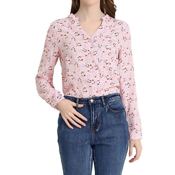 Floral Button-Front Long Sleeve Blouse