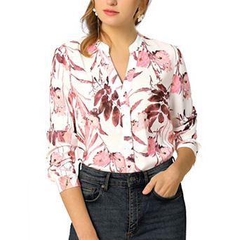 Women's Button Down V Neck Long Sleeve Floral Blouse