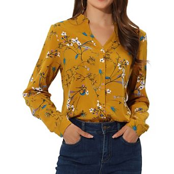 Women's Button Down V Neck Long Sleeve Floral Blouse