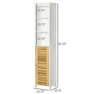 kleankin Tall Bathroom Storage Cabinet, Free Standing Bathroom Cabinet Slim Side Organizer w/ 3-Tier Open Shelf,  Door, White