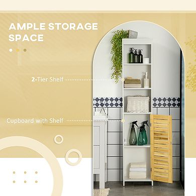 kleankin Tall Bathroom Storage Cabinet, Free Standing Bathroom Cabinet Slim Side Organizer w/ 3-Tier Open Shelf,  Door, White