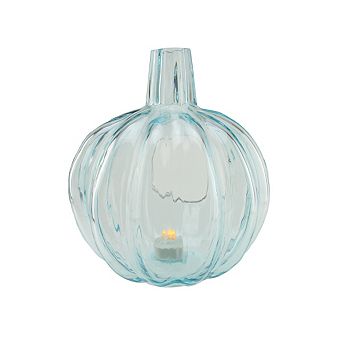 9" Transparent Blue Glass Pumpkin Pillar Candle Holder