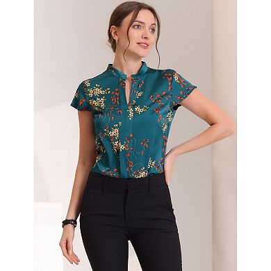 Satin Blouse for Women's Stand Collar Floral Silky Work Blouse Top