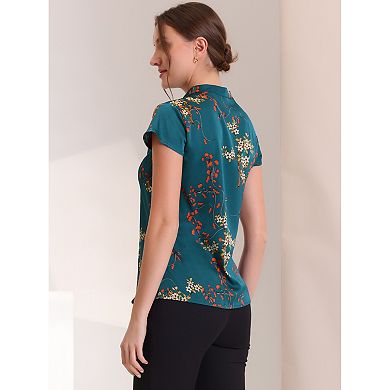 Satin Blouse for Women's Stand Collar Floral Silky Work Blouse Top