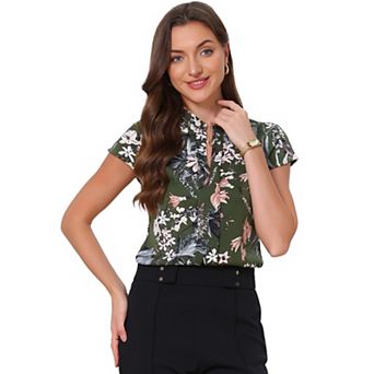 Satin Blouse for Women's Stand Collar Floral Silky Work Blouse Top