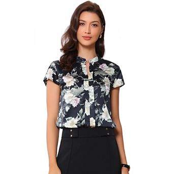Satin Blouse for Women's Stand Collar Floral Silky Work Blouse Top