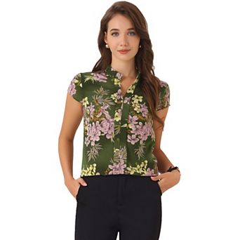 Satin Blouse for Women's Stand Collar Floral Silky Work Blouse Top