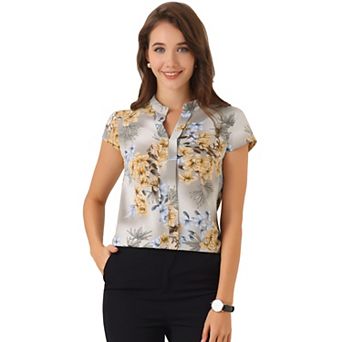 Satin Blouse for Women's Stand Collar Floral Silky Work Blouse Top