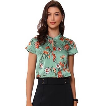 Satin Blouse for Women's Stand Collar Floral Silky Work Blouse Top