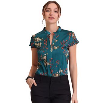 Satin Blouse for Women's Stand Collar Floral Silky Work Blouse Top