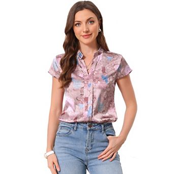 Satin Blouse for Women's Stand Collar Floral Silky Work Blouse Top
