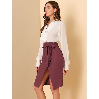 Women's Button Decor Split Belted Tie Waist Pencil Skirt