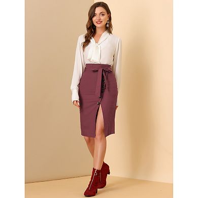 Women's Button Decor Split Belted Tie Waist Pencil Skirt
