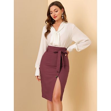 Women's Button Decor Split Belted Tie Waist Pencil Skirt