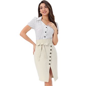 Women's Button Decor Split Belted Tie Waist Pencil Skirt