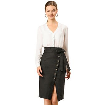 Women's Button Decor Split Belted Tie Waist Pencil Skirt