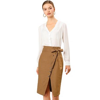 Women's Button Decor Split Belted Tie Waist Pencil Skirt