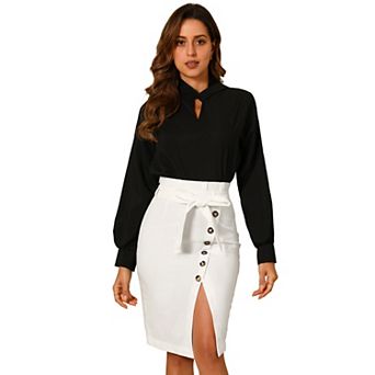 Women's Button Decor Split Belted Tie Waist Pencil Skirt