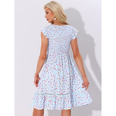 Women's Fit And Flare Summer Floral Midi Smocked Dress