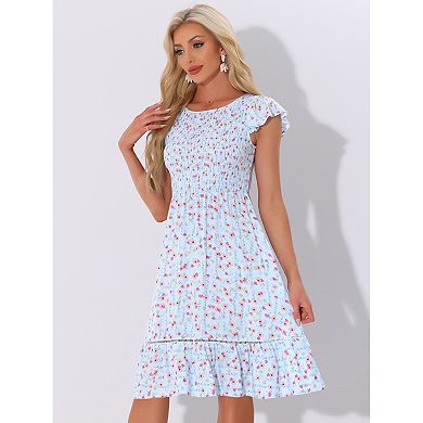 Women's Fit And Flare Summer Floral Midi Smocked Dress