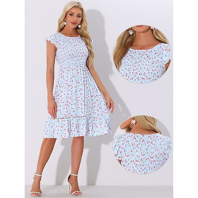 Women's Fit And Flare Summer Floral Midi Smocked Dress