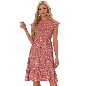Women's Fit And Flare Summer Floral Midi Smocked Dress