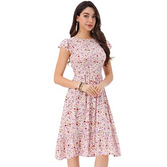 Women's Fit And Flare Summer Floral Midi Smocked Dress