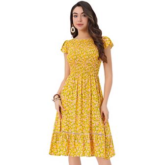 Women's Fit And Flare Summer Floral Midi Smocked Dress