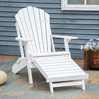Wooden Adirondack Chair With Ottoman Footrest, Outdoor Lounger For Patio, White