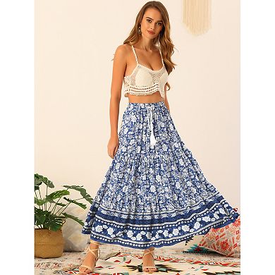 Women's Boho Floral Skirt for Women's Tassels Elastic Waist Flowy Maxi Skirts