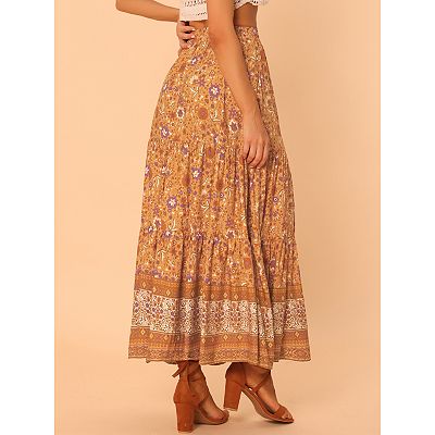 Women s Boho Floral Skirt For Women s Tassels Elastic Waist Flowy Maxi Skirts