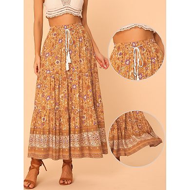 Women's Boho Floral Skirt for Women's Tassels Elastic Waist Flowy Maxi Skirts