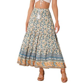 Women's Boho Floral Skirt For Women's Tassels Elastic Waist Flowy Maxi Skirts