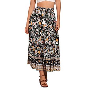 Women's Boho Floral Skirt For Women's Tassels Elastic Waist Flowy Maxi Skirts