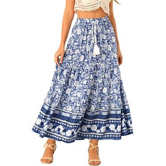 Women's Boho Floral Skirt For Women's Tassels Elastic Waist Flowy Maxi Skirts