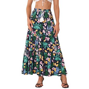 Women's Boho Floral Skirt For Women's Tassels Elastic Waist Flowy Maxi Skirts