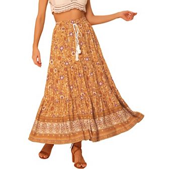 Women's Boho Floral Skirt For Women's Tassels Elastic Waist Flowy Maxi Skirts