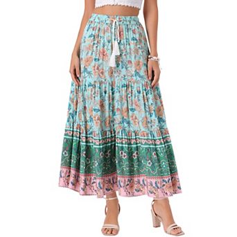 Women's Boho Floral Skirt for Women's Tassels Elastic Waist Flowy Maxi Skirts