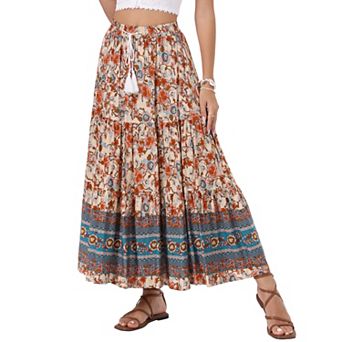 Women's Boho Floral Skirt For Women's Tassels Elastic Waist Flowy Maxi Skirts