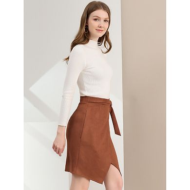 Women's A-Line Front Slit Knee Length Wrap Faux Suede Skirt