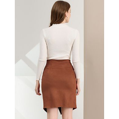 Women's A-Line Front Slit Knee Length Wrap Faux Suede Skirt