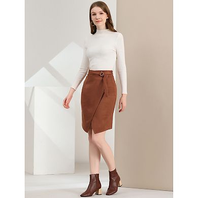 Women's A-Line Front Slit Knee Length Wrap Faux Suede Skirt