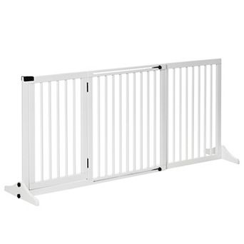 PawHut Wooden Freestanding Pet Gate Adjustable w/ Door Lock Safe Barrier White