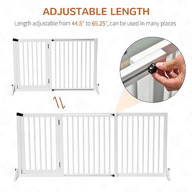 PawHut Wooden Freestanding Pet Gate Adjustable w/ Door Lock Safe Barrier White